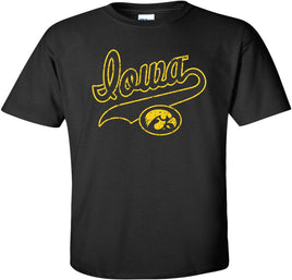 Iowa Script with Tigerhawk - Black t-shirt for the Iowa Hawkeyes. Officially Licensed and approved by the University of Iowa.