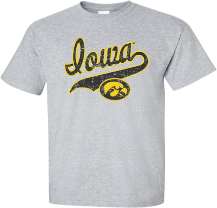 This design features the Iowa Script logo with a Tigerhawk. Printed on a pre-shrunk, 90/10 cotton/poly light gray t-shirt with black and gold ink. All of our Iowa Hawkeye designs are Officially Licensed and approved by the University of Iowa.