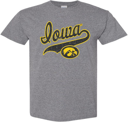 Iowa Script with Tigerhawk - Medium Gray t-shirt for the Iowa Hawkeyes. Officially Licensed and approved by the University of Iowa.