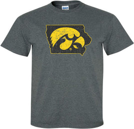 Tigerhawk in State of Iowa - Dark Gray t-shirt for the Iowa Hawkeyes. Officially Licensed and approved by the University of Iowa.