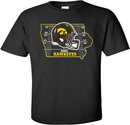 Iowa Football Helmet in State of Iowa - Black t-shirt for the Iowa Hawkeyes. Officially Licensed and approved by the University of Iowa.