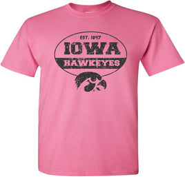 Iowa Hawkeyes in Oval with Tigerhawk - Azalea Pink t-shirt for the Iowa Hawkeyes. Officially Licensed and approved by the University of Iowa.