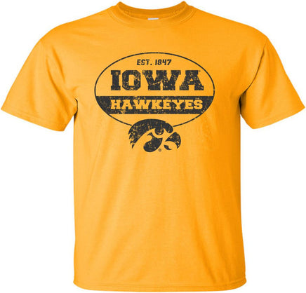 Iowa Hawkeyes in Oval with Tigerhawk - Gold t-shirt for the Iowa Hawkeyes. Officially Licensed and approved by the University of Iowa.
