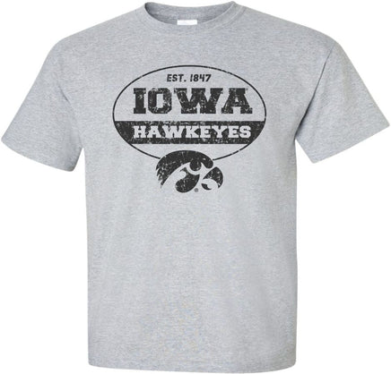 Show off your Hawkeye pride with this Iowa Hawkeyes design with Est. 1847 and the Tigerhawk. Printed on a pre-shrunk, 90/10 cotton/poly light gray t-shirt with black ink. All of our Iowa Hawkeye designs are Officially Licensed and approved by the University of Iowa.