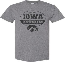 Iowa Hawkeyes in Oval with Tigerhawk - Medium Gray t-shirt for the Iowa Hawkeyes. Officially Licensed and approved by the University of Iowa.