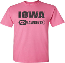 Iowa with Hawkeyes and Tigerhawk in oval - Azalea Pink t-shirt for the Iowa Hawkeyes. Officially Licensed and approved by the University of Iowa.