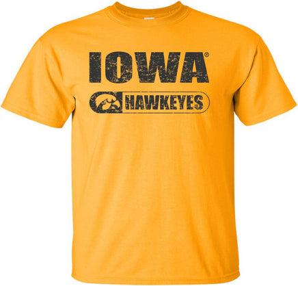 Iowa with Hawkeyes and Tigerhawk in oval - Gold t-shirt for the Iowa Hawkeyes. Officially Licensed and approved by the University of Iowa.