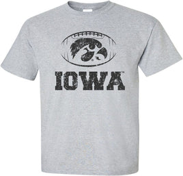 Cheer on the Hawks with this Iowa football design. This design has the Tigerhawk inside a football with Iowa underneath. Printed on a pre-shrunk, 90/10 cotton/poly light gray t-shirt with black ink. All of our Iowa Hawkeye designs are Officially Licensed and approved by the University of Iowa.