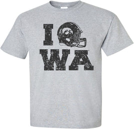 When Iowa scores at Kinnick, the cheerleaders wave the I O W A flags and the fans yell I O W A from the stands. This design represents the I O W A chant with the Iowa Football Helmet replacing the O. Printed on a pre-shrunk, 90/10 cotton/poly light gray t-shirt with black ink. All of our Iowa Hawkeye designs are Officially Licensed and approved by the University of Iowa.