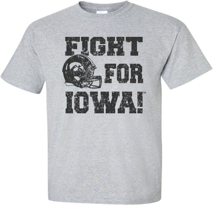 Are you ready to Fight For Iowa? This design features Fight For Iowa with the Iowa Hawkeyes football helmet. Printed on a pre-shrunk, 90/10 cotton/poly light gray t-shirt with black ink. All of our Iowa Hawkeye designs are Officially Licensed and approved by the University of Iowa.