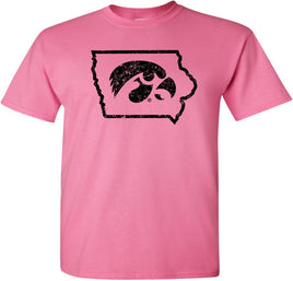Tigerhawk in State of Iowa - Azalea Pink t-shirt for the Iowa Hawkeyes. Officially Licensed and approved by the University of Iowa.