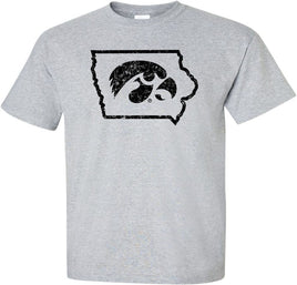 It's a Hawkeye State! This design has the Tigerhawk logo inside the State of Iowa. Printed on a pre-shrunk, 90/10 cotton/poly light gray t-shirt with black ink. All of our Iowa Hawkeye designs are Officially Licensed and approved by the University of Iowa.