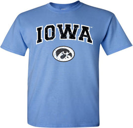 Arched Iowa with Oval Tigerhawk - Carolina Blue t-shirt for the Iowa Hawkeyes. Officially Licensed and approved by the University of Iowa.