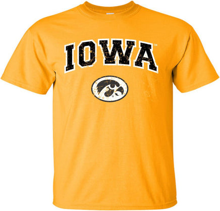 Arched Iowa with Oval Tigerhawk - Gold t-shirt for the Iowa Hawkeyes. Officially Licensed and approved by the University of Iowa.