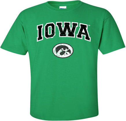 Arched Iowa with Oval Tigerhawk - Irish Green t-shirt for the Iowa Hawkeyes. Officially Licensed and approved by the University of Iowa.