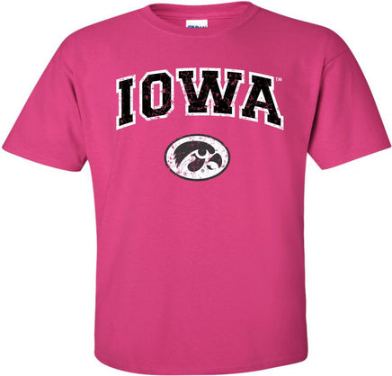 Arched Iowa with Oval Tigerhawk - Hot Pink t-shirt for the Iowa Hawkeyes. Officially Licensed and approved by the University of Iowa.