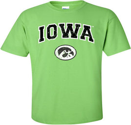 Arched Iowa with Oval Tigerhawk - Lime Green t-shirt for the Iowa Hawkeyes. Officially Licensed and approved by the University of Iowa.