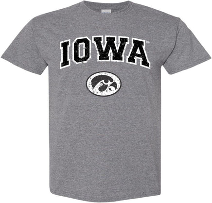 Arched Iowa with Oval Tigerhawk - Medium Gray t-shirt for the Iowa Hawkeyes. Officially Licensed and approved by the University of Iowa.