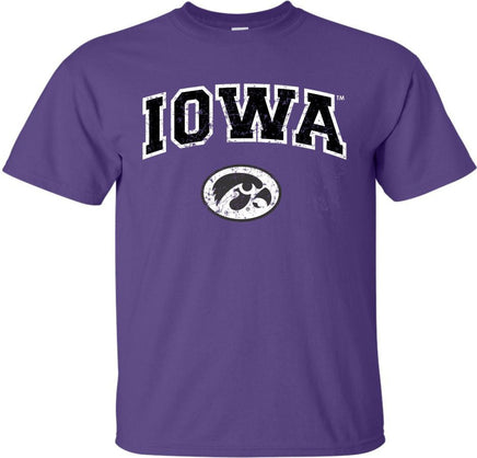 Arched Iowa with Oval Tigerhawk - Purple t-shirt for the Iowa Hawkeyes. Officially Licensed and approved by the University of Iowa.