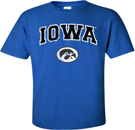 Arched Iowa with Oval Tigerhawk - Royal Blue t-shirt for the Iowa Hawkeyes. Officially Licensed and approved by the University of Iowa.
