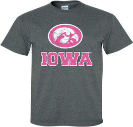 Pink Oval Tigerhawk Iowa - Iowa Hawkeyes Dark Gray t-shirt. Officially Licensed and approved by the University of Iowa.